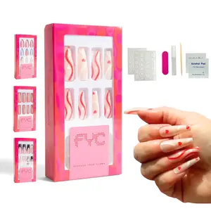 FYC 5 in 1 Long Press on Nails Set, 24 PCS Fake Nails, 12 Sizes Reusable False Nails | Strong Stick on Nails with 2 Glues, 2 Pads, Mini File, Cuticle Stick, False Nails Extension Gifts (Love On Top)