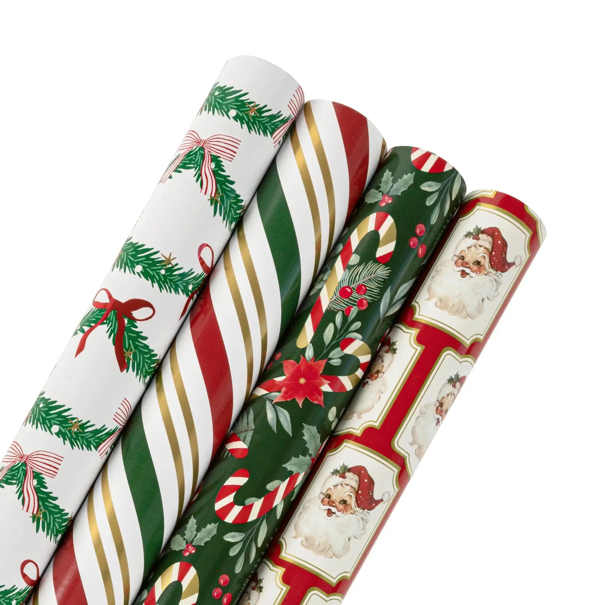 Gift Wrapping Paper Bundle (4-Pack) - 30" x 10' Reversible Metallic Finish, Vintage Santa & Holiday Greens, for Colorful Packaging Gifts & Wrapping