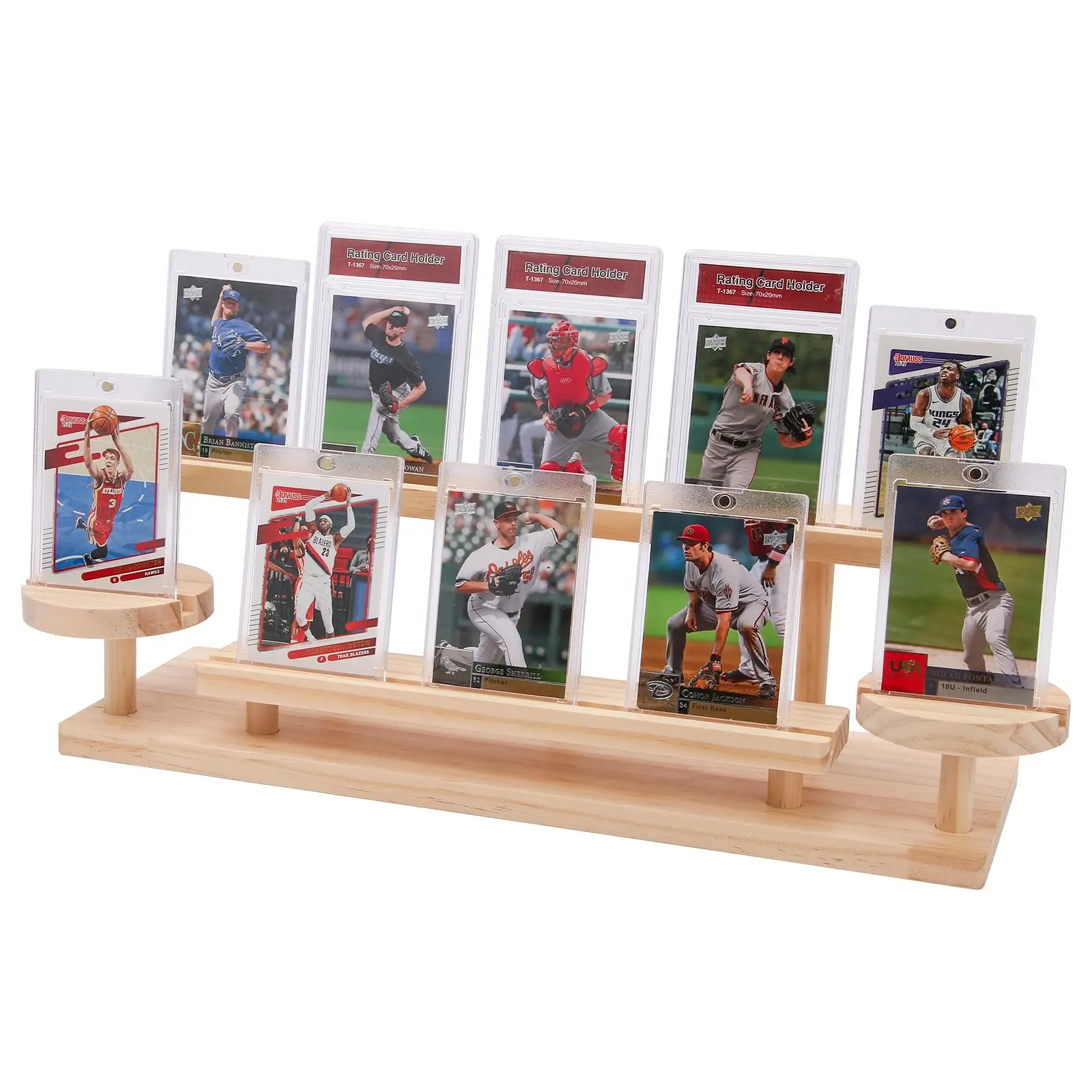 Wooden Trading Card Display Stand  3-tier Holder For Graded Sports And Tcg Cards Tabletop Rustic Solid Wood Shelf Basketball Football Hockey(wood Grain)