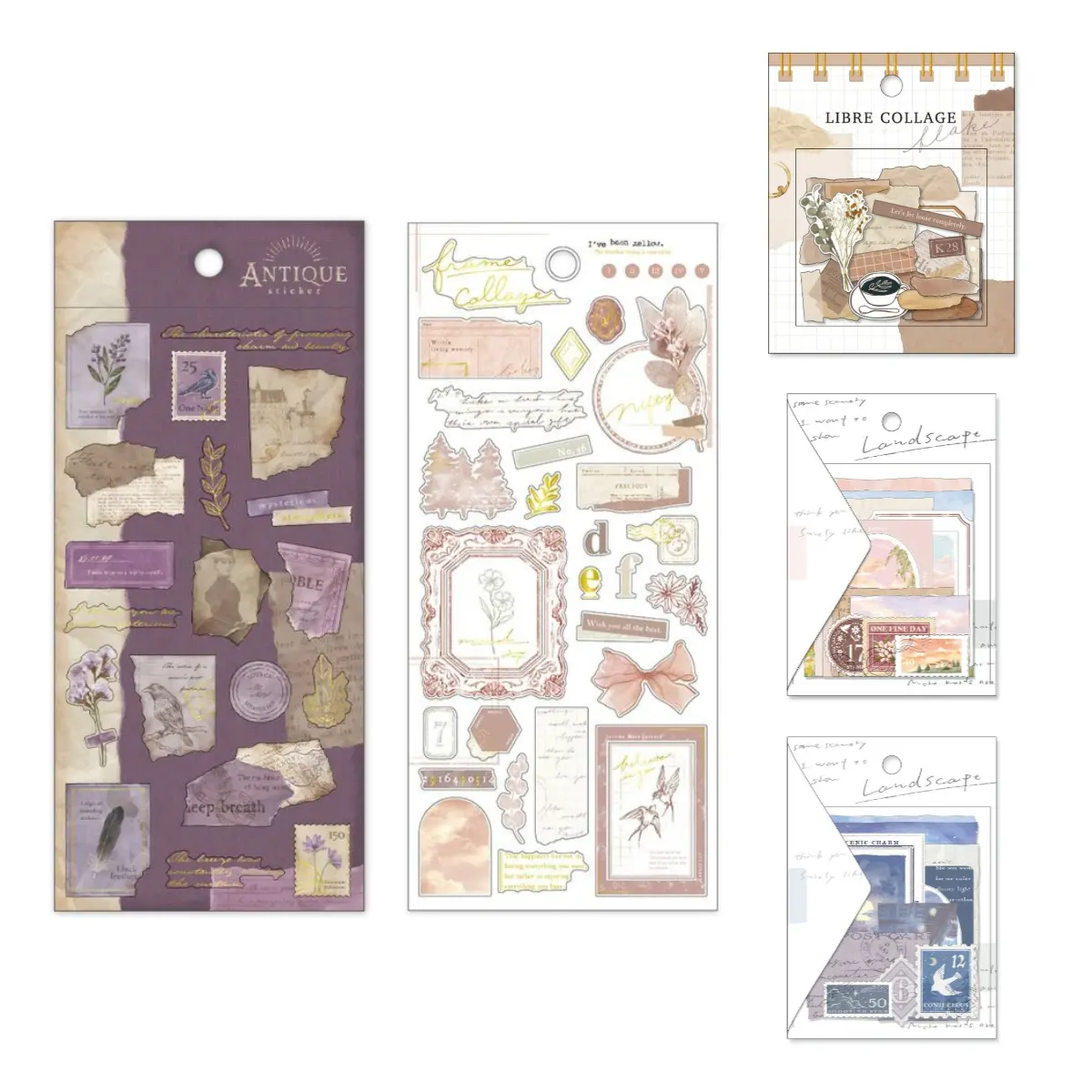 Vintage Collage Sticker Sets 36 Designs - MIND WAVE Antique Violet, Frame Collage Brown, Libre Collage Flake, Landscape Moonlight & Akane Clouds Stickers for Journaling & Scrapbooking