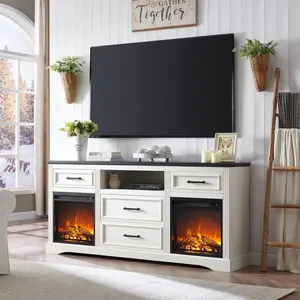 OKD Farmhouse Double Fireplaces TV Stand for TVs Up to 80 inches, Rustic Entertainment Center with 4 Large Drawers, motorized tv mount, Media Console Table, 70 inches Large TV Console for Living Room, Bedroom, White above 25 kg tv stands & bedside tables