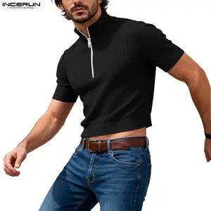 INCERUN Men's Y2K Clean Fit Cropped Polo Shirt  Quarter Zip Top