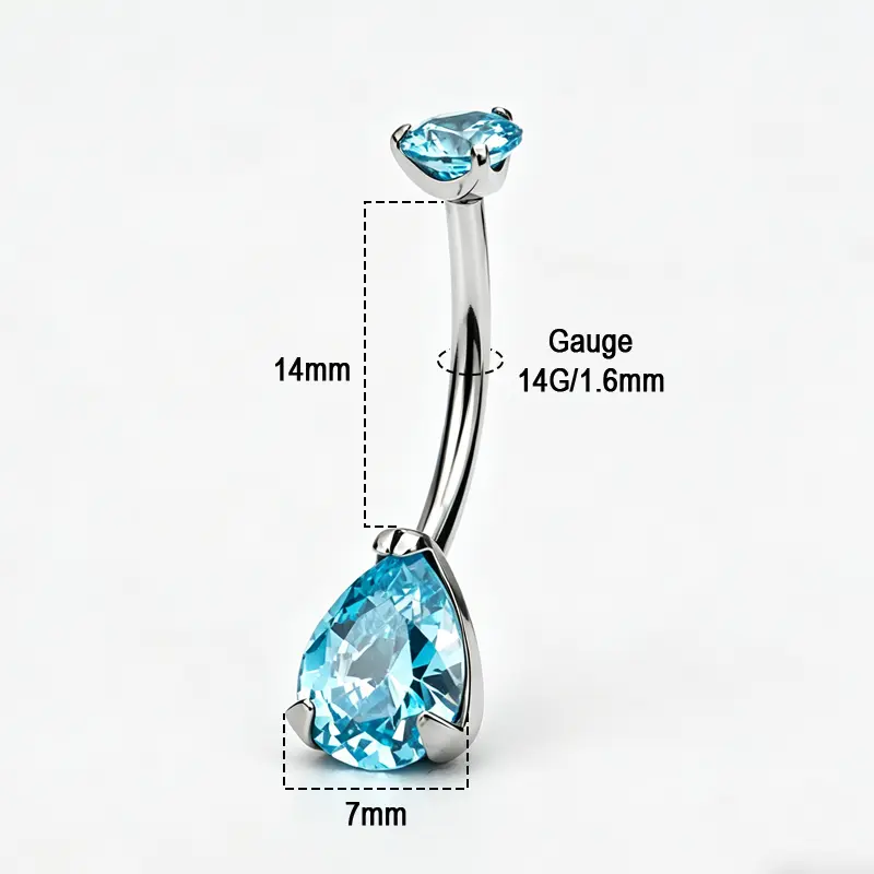 Gurgling G23 Titanium TeardropBellyPiercing Teardrop-Shaped 5A Grade Zirconia 14mm Navy Blue/Transparent White Medical-Grade Navel Piercing Jewelry Bellybar