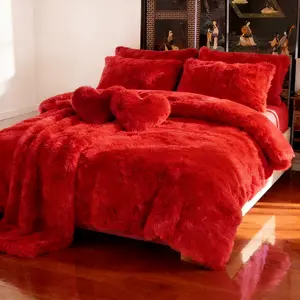 Super Soft Faux Fur Duvet Cover Set 4 Piece（600 GSM）, Winter Plush Fluffy Comforter Cover with 2 Pillow Shams & Heart Pillow, Warm Cozy Bedding Set for Bedroom