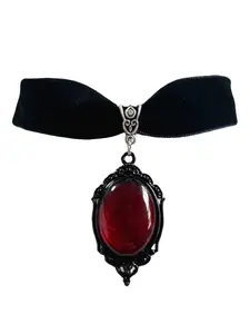 Gothic Velvet Choker Necklace with Red Oval Gem Pendant, Vintage Victorian Style, Black Velvet Choker for Women, Halloween Costume Jewelry, Dark Academia Aesthetic, Y2K Fashion Accessory, Witchy