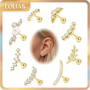 LOLIAS 8PCS Hypoallergenic 316L Surgical Steel Cartilage Earrings for Women Helix Tragus Conch Piercing Jewelry - 16G 14K Gold Plated Minimalist Cubic Zirconia Screw Back Comfortable - Gold/Silver, Earring Stack, Silver Earring Stack