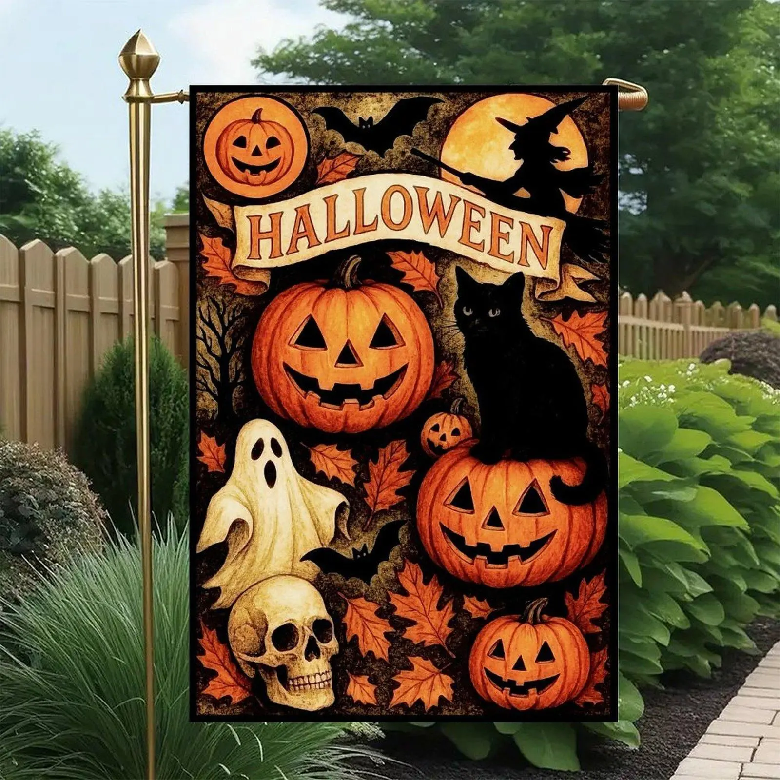 Vintage Halloween Outdoor Flag, 12x18in Double-Sided Design with Black Cat, Ghost, Skull, Pumpkin, Witch, Maple Leaf, Retro Home & Festive Garden Decor Banner