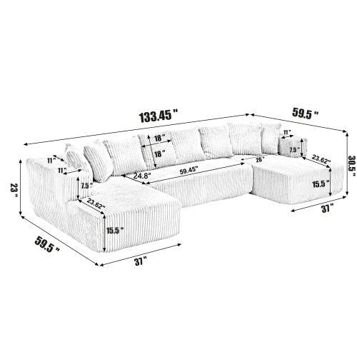 No Assembly Modular Sectional Sofa, Boneless Couch for Living Rooms,  131" U-Shaped Sectional with Chaise Lounge & Deep Seating, Cloud-Like Luxe Corduroy Sectional, Spacious Seating, Double Chaise Lounge Sofa, Designed for Ultimate Comfort