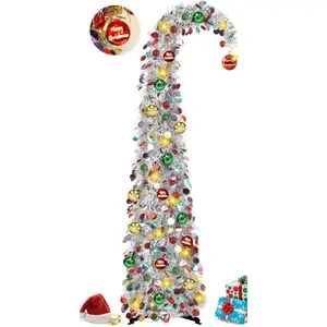 Whimsical Christmas Tree with Ball String Lights 5FT Pop Up Curved Tree with 15 Ball Lights & Hanging Ornaments Collapsible Tinsel Tree for Apartment Porch Indoor Outdoor Xmas Decor,Silver