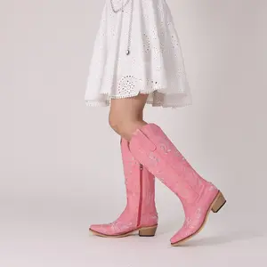 Pink Cowboy Boots for Women - Knee High Sparkly Rhinestone Boots, Retro Country Boots with Classic Embroidered, Pointed Toe Chunky Heel Pull on Vintage Botas, Christmas Gifts