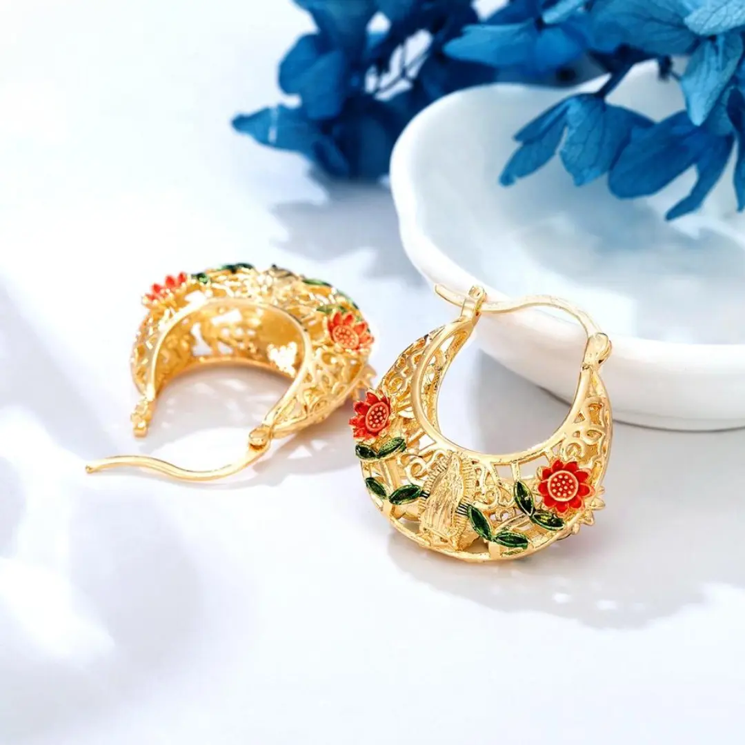 14K Gold Plated Virgen de Guadalupe Filigree Hoop Earrings for Women – Tri-Color Religious Catholic Hoop Earrings, Hypoallergenic, Water Resistant