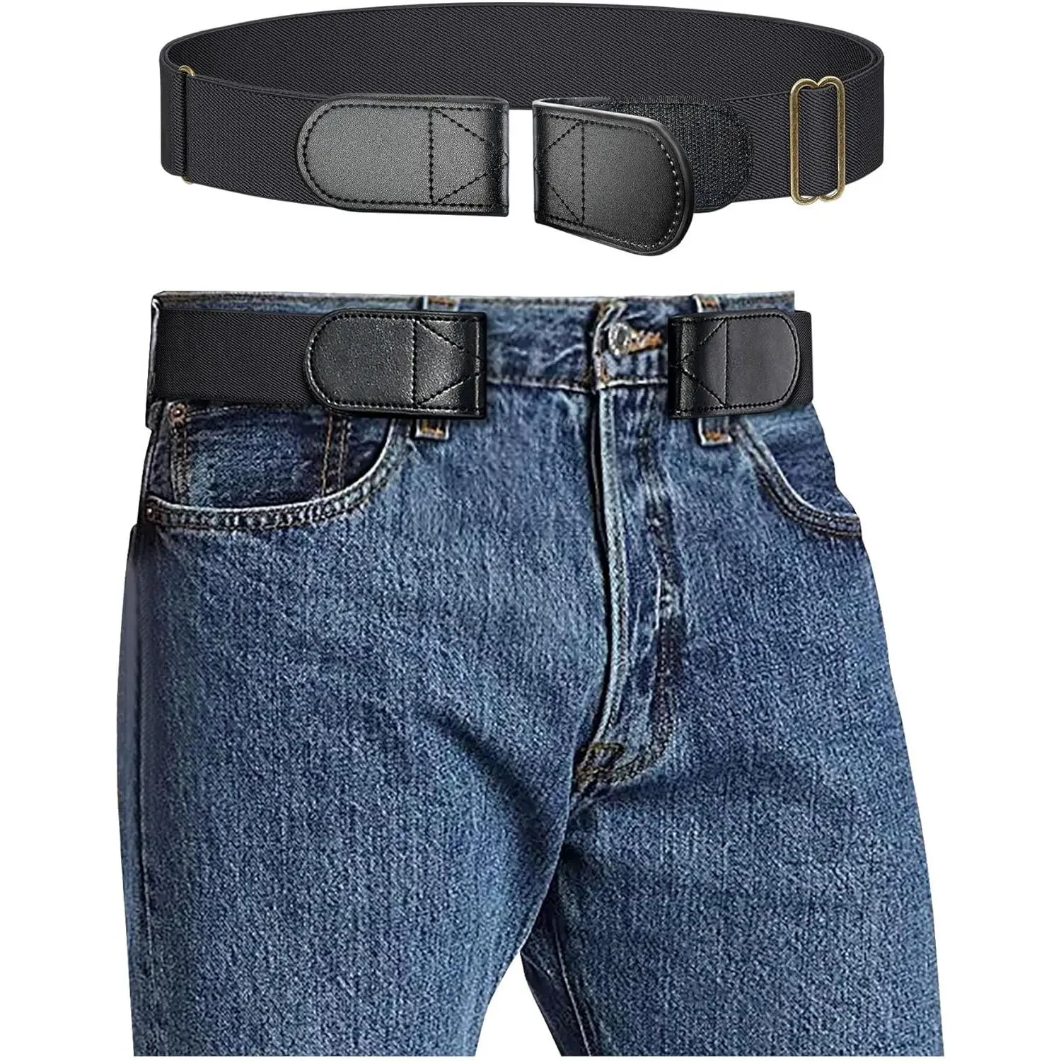 Men's Buckleless Elastic Stretch Belt, Adjustable No-Show Flat Belt with Hook and Loop Closure for Jeans & Pants, Fits Waists 32-48", Stretchy Belts