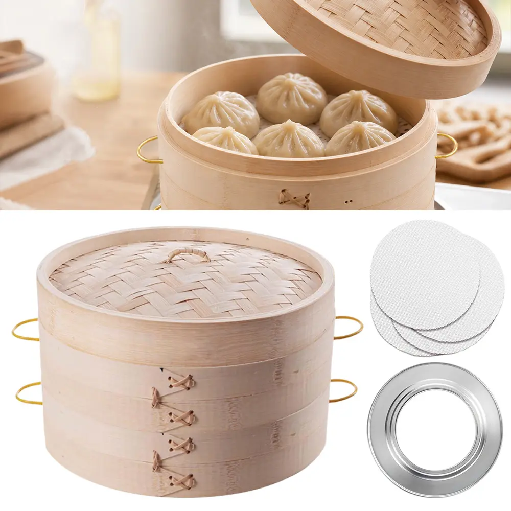 1Set Bamboo Steamer 10 Inch 2 Tier Wooden Basket With Handle, Ring Adapter, Reusable Silicone Liner, Kit For Cooking Dumpling Baby Bao Bun, Dim Sum, Rice Potsticker Steaming, tiktokshopbacktoschool