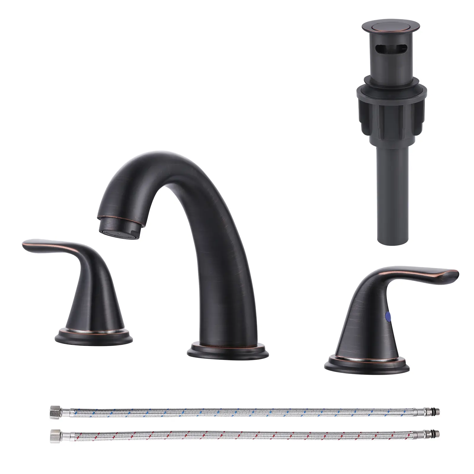 WOWOW Modern 3-Hole Widespread Double Handle Faucet - Oil Rubbed Bronze Bathroom Sink Tap with Drip-Proof Water-Saving Design, Lift-and-Turn Drain, 304 Stainless Steel Lead-Free Hose, Rustproof, Quick & Easy Installation for Laundry Room Sinks, 1.2Gpm Aer