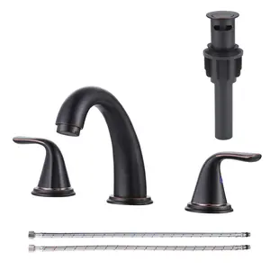 WOWOW Bathroom Sink Faucet 3 Holes Oil Rubbed Bronze, Widespread Bathroom Faucet, Washroom Faucets with Pop Up Drain, Washroom Sink Faucets with 304 Stainless Steel Lead-Free Hose