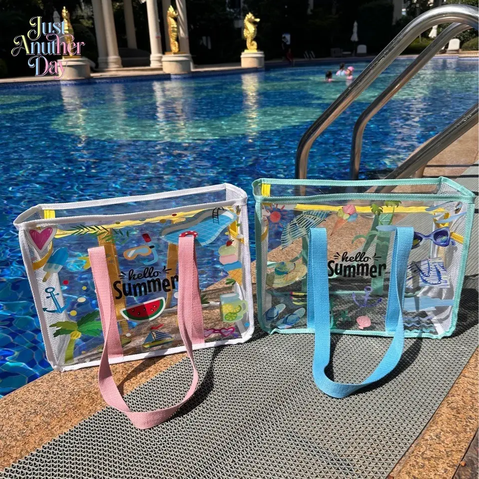 Waterproof Clear Beach Tote Bag, Hello Summer Printed Jelly Shoulder Bag, Large Capacity PVC Swim Bag for Beach, Pool & Travel
