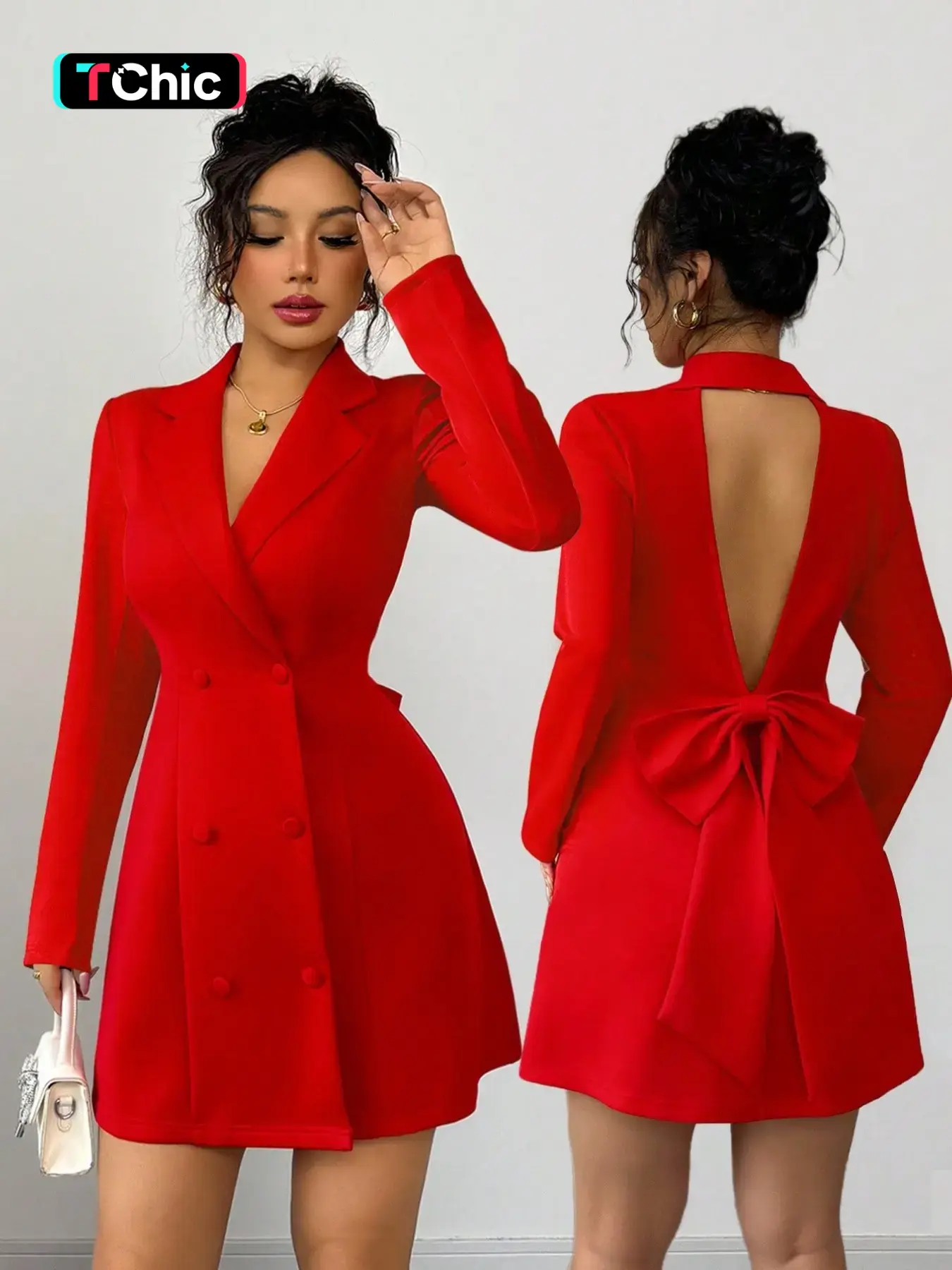 New Women's Suit Jacket Lapel Double Button Deep V Neck Large Bow Design Long Sleeve Slim Fit Party Dress, Elegant and Sexy Mini Dress