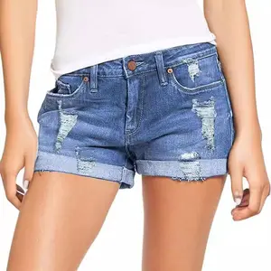Woman's  Ripped Brushed Mid Waist Stretch Tight Denim Shorts Folding Hem American Pocket Hot Pants