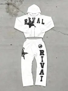 Preppy Rival Graphic Sportswear Set, Zip Hoodie & Loose Pants, Design, Street Style, Perfect for Urban Trendsetters