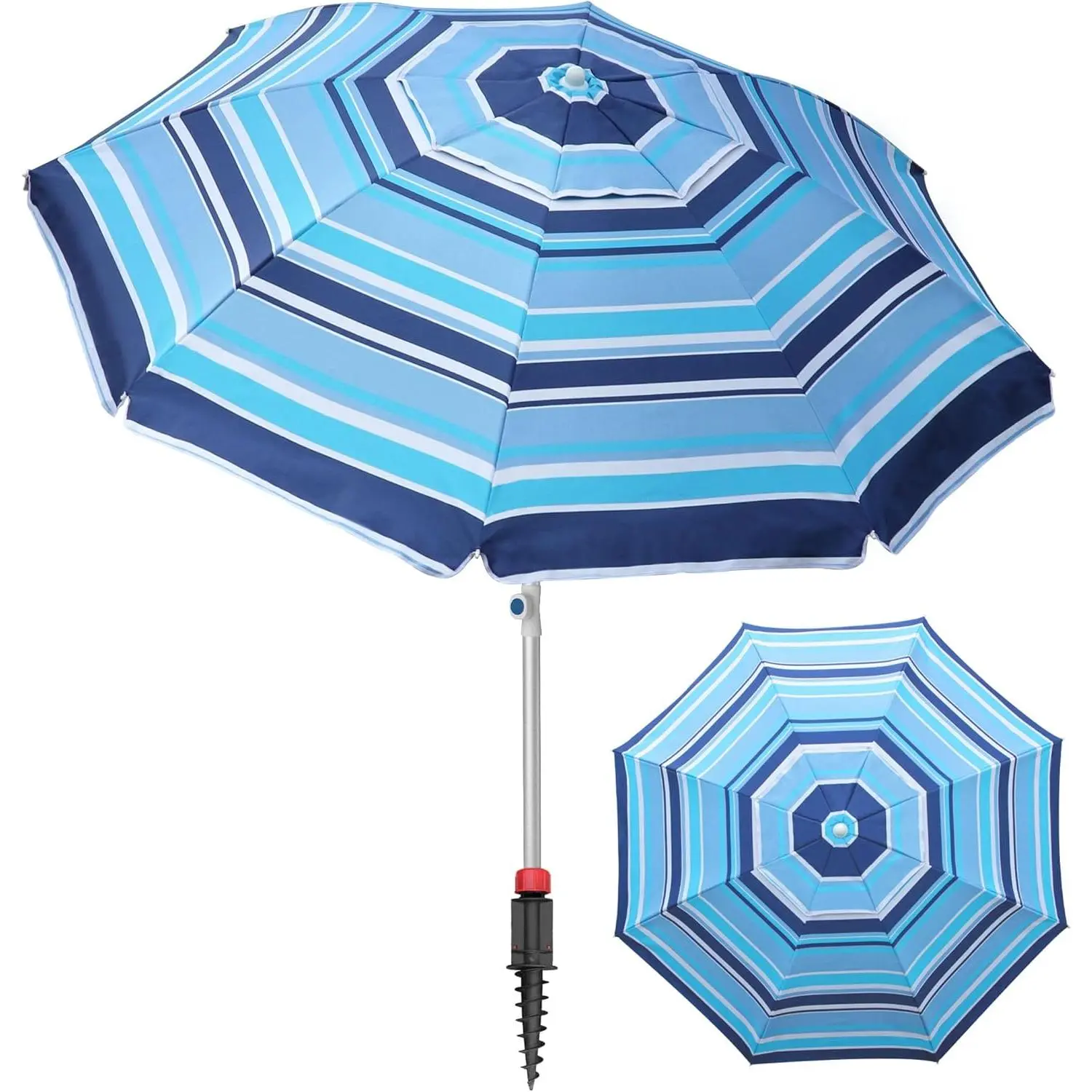 7ft Heavy Duty High Wind Beach Umbrella Parasols with sand anchor & Tilt Sun Shelter, UV 50+ Protection Outdoor Sunshade Umbrellas Carry Bag for Patio Garden Pool Backyard Stripe Blue camp  gear