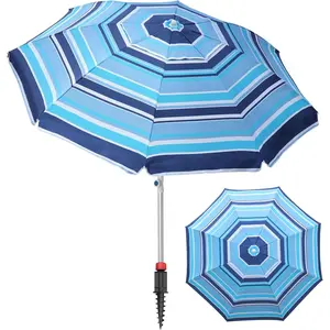 7ft Heavy Duty High Wind Beach Umbrella Parasols with sand anchor & Tilt Sun Shelter, UV 50+ Protection Outdoor Sunshade Umbrellas Carry Bag for Patio Garden Pool Backyard Stripe Blue camp  gear