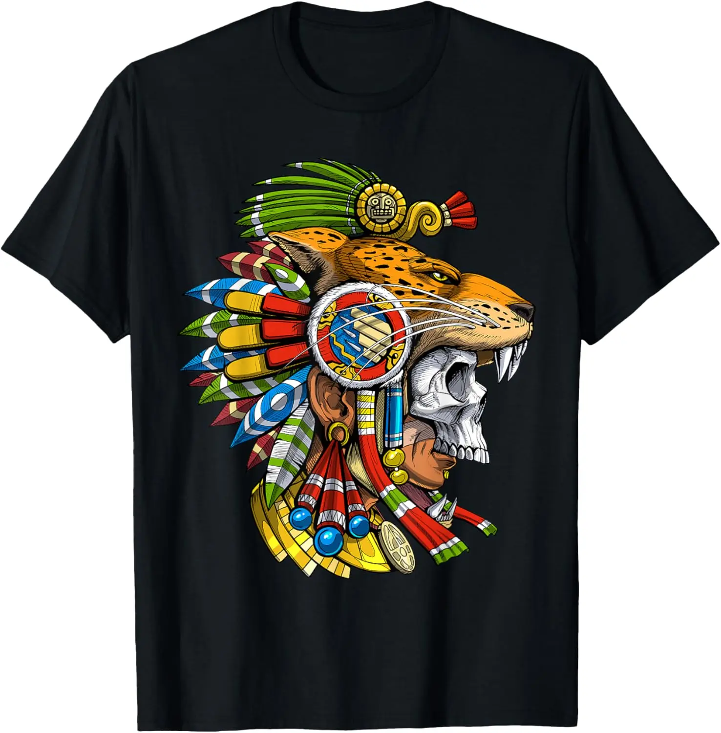 Men's T-Shirt with Aztec Jaguar Print - Round Neck Shortsleeve Streetwear Fashion Top in Breathable Fabric, Casual, Cotton, Graphic, Menswear, Sports, Tshirt, Casual Fit, Soft, Regular Fit, Natural, Moisture Absorb