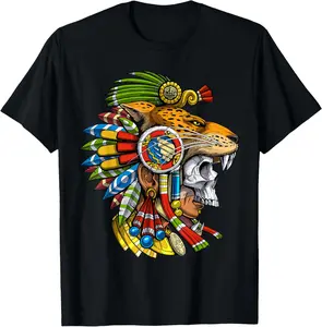 Aztec Skull Jaguar Warrior Mask Mayan T-Shirt Graphic Casual