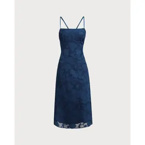 Navy Jacquard Slip Backless Maxi Dress