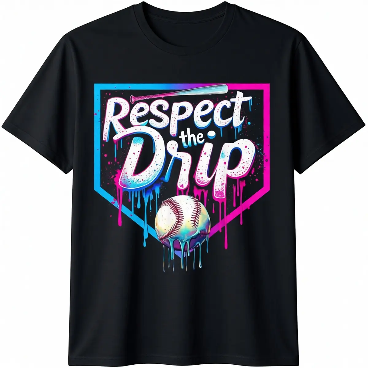 Men's Graphic T-Shirt, Chic Streetwear Top with Baseball & Ice Cream Drip Prints, Soft 100% Cotton Crewneck for Casual Wear, Tshirt