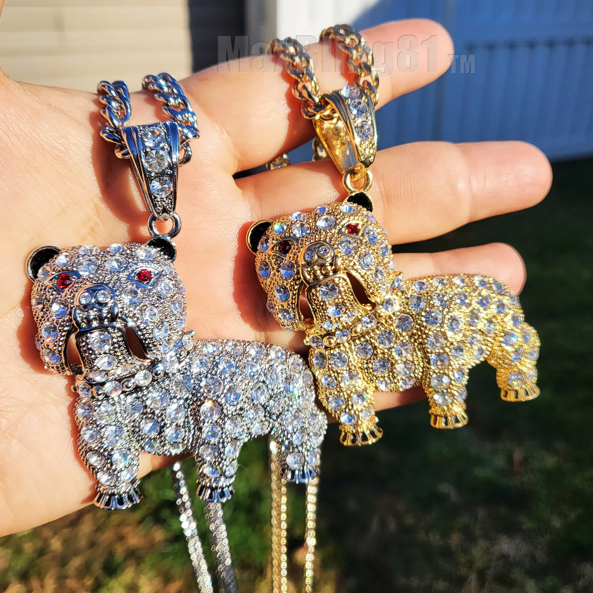 MaxBling81 Unisex Adult Hip Hop Celebrity Style Bulldog Pendant & Chain - White Gold Metal Coating, Adjustable Rhinestone Pendant, 24" Cuban Chain, Sparkling CZ Costume Necklace for Casual Wear & Gifting