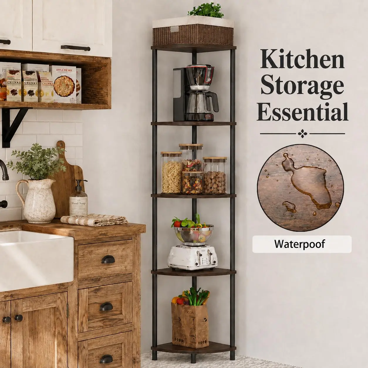 5-tier or 6-tier corner frame, dark walnut finish, storage unit for living rooms, home offices, kitchens, bedrooms, garages, and small spaces—bookshelves, display shelves, plant stands.