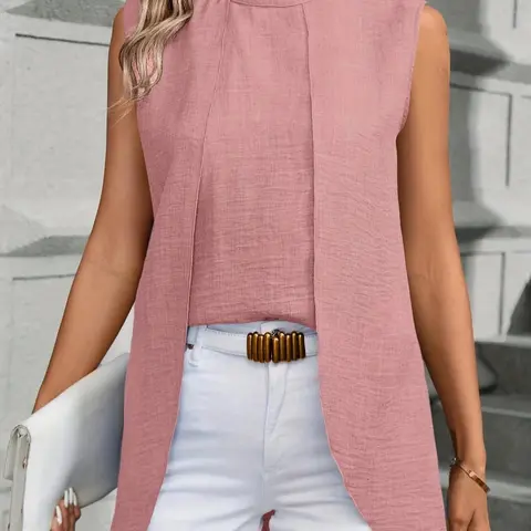 Women's Solid Color Basic Front Short Back Long Fitted Soft Vest Blazer, Casual Fashion Minimalist Sleeveless Slim Fit Top for Summer, Women's Clothing for Daily Wear, Everyday, Womenswear, Sleeveless Tops, Sleeveless Minimalist Style
