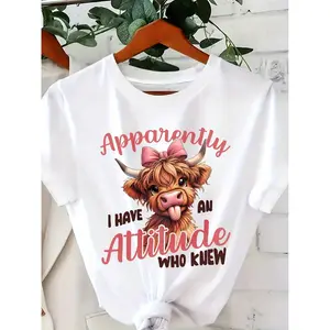 Cute Highland Cow Pattern Print + Short Sleeves Round Neck T-Shirt