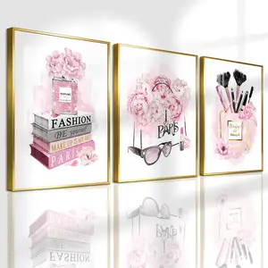 3 Count Aluminum Alloy Frame Canvas, Fashion Poster Pink Perfume Makeup Flowers Art, Modern Living Room Decoration, Light Luxury Family Art, Suitable For Bedroom, Corridor And Office Wall Decor, Gift