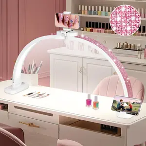 HITTI Super Large 31in Half Moon Light for Nail Desk, Foldable Arch Light for Nail Tech Lamp with Phone Stand, LED Table Lamp for Manicure, Handicraft, Art, Eyelash Extension (Crystal Diamond) -White