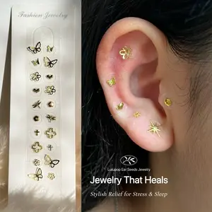 Lulupop Ear Seeds Jewelry – Non-Piercing Magnetic Ear Seeds with Gold Butterfly, Flower & Clover Designs | Auricular Point Stickers for Relaxation & Elegant Style