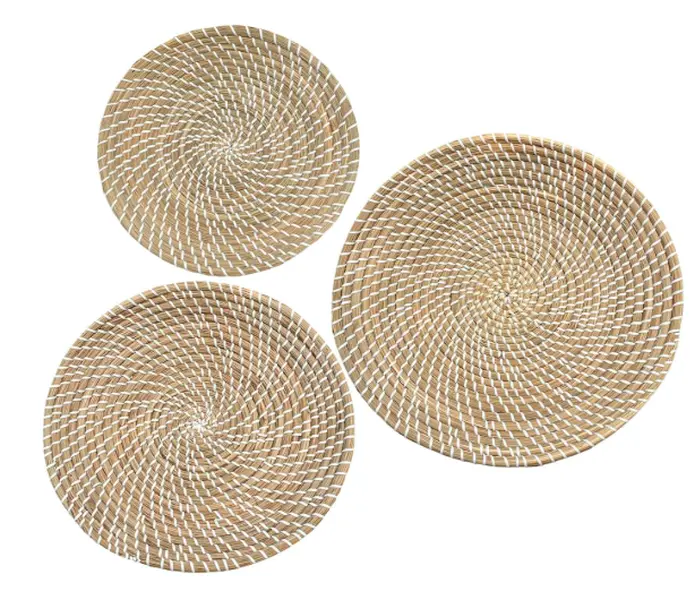 Laquedecraft Set of 3 Boho Wicker Seagrass Plate Baskets, Traditional Artistic Kitchen Decor, Ideal Hanging Home Supplies Gift, Wall, Geometric