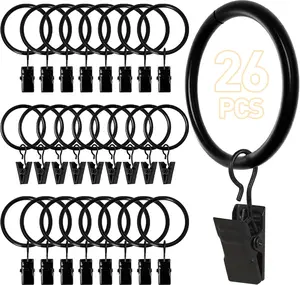 26 count Curtain Rings with Clips, Curtain Hooks for Drapes, Curtain Clips with Rings 1.26 Interior Diameter, Black Curtain Rings Fit up to 1 inch Curtain Rod