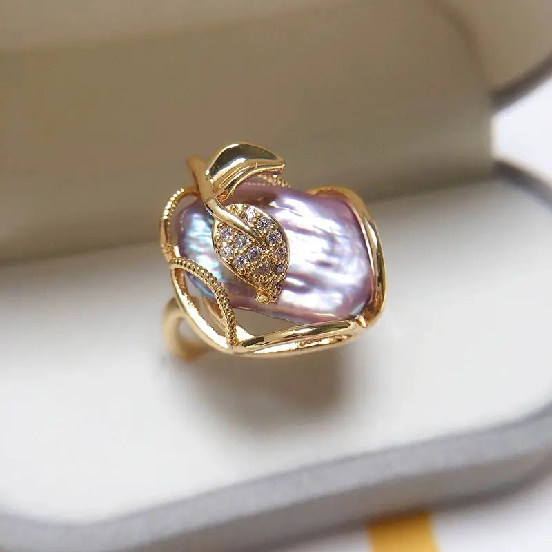 Vintage Baroque Pearl Ring • 18K Gold Plated Leaf Design Zircon Inlaid Purple Baroque Pearl Statement Ring
