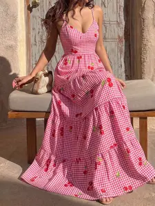 Women's Coquette Style Cherry Print Plaid Dress, Layered Strap Long Dress, Perfect for Daily Wear, Parties, Picnics, Summer