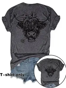 Women's Summer Casual Vintage Cow Print Round Neck Short Sleeve T-Shirt, Comfortable Breathable Fitted Top, S-Xxl Sizes Available, Streetwear