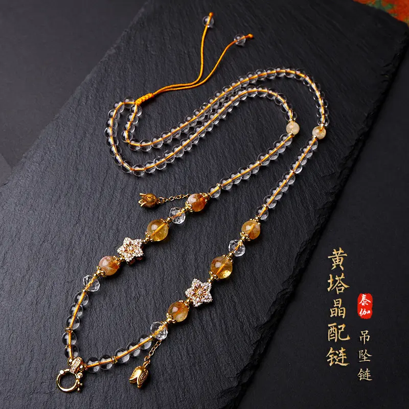 Taiga Thai Buddha Brand Chain Natural Yellow Tower Crystal Pendant with Chain Necklace Thangka Neck Chain Adjustable Length