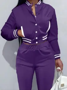 Women's Striped Trim Button Front Pocket Crop Jacket, Casual Long Sleeve Baseball Collar Lightweight Outerwear for Spring & Fall, Ladies Clothes for Daily Wear, Casual Fashionable Jacket