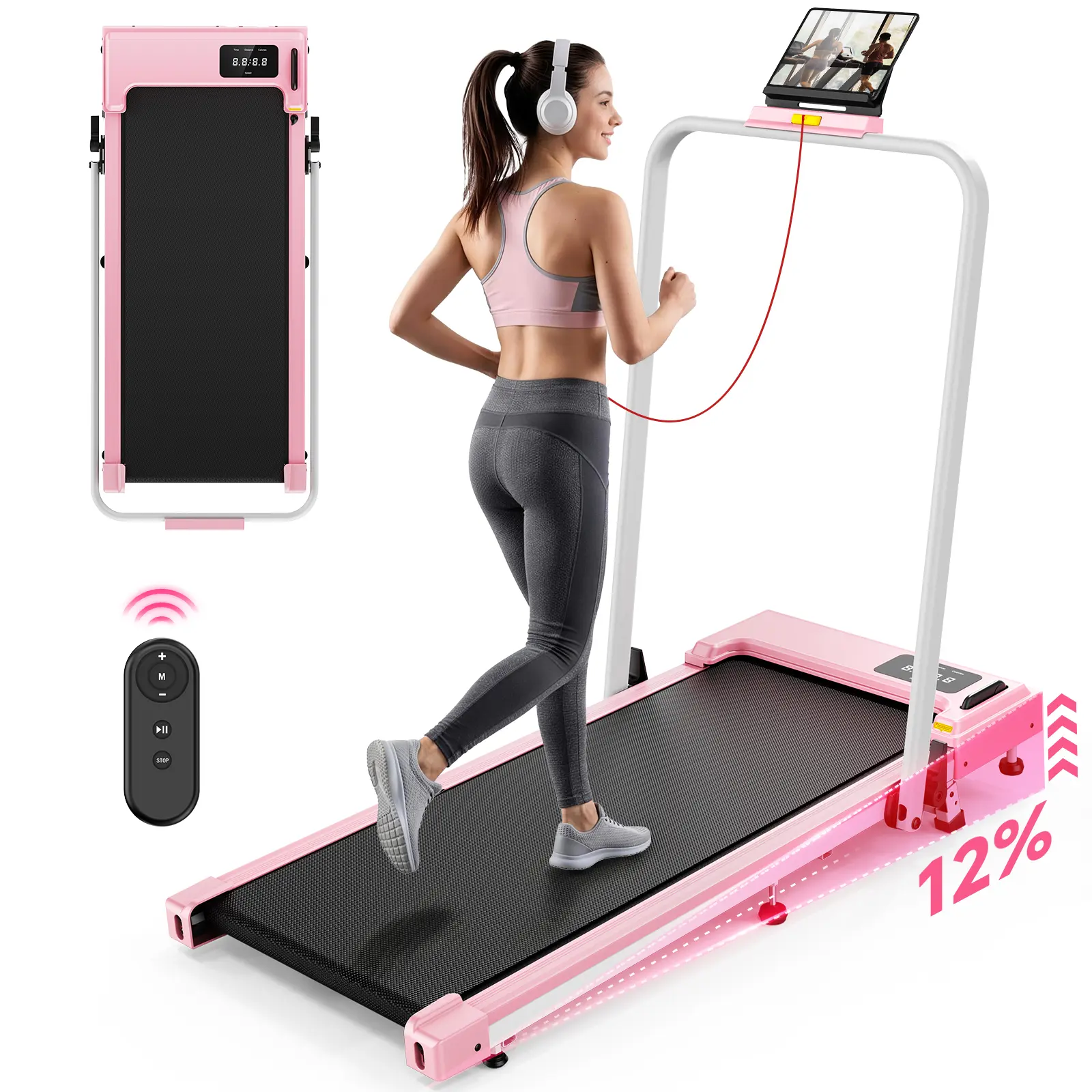 【Pink Fitness】Foldable Treadmill with 12% Incline, 2.5HP Quiet Motor, 1-7.5MPH 4-in-1 Under Desk Treadmill, Walking Pad with Remote Control, LED Display, Safety Key for Home Office Use, 265LBS Capacity