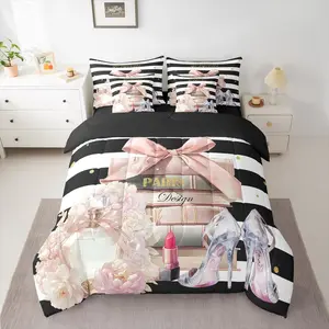 Pink Fashion Comforter Set with Sheets Kids Black White Striped 7 Pieces Bedding Set for Boys Girls Teens Floral Bed in a Bag Breathable Perfume High Heels Books Bedroom Decor