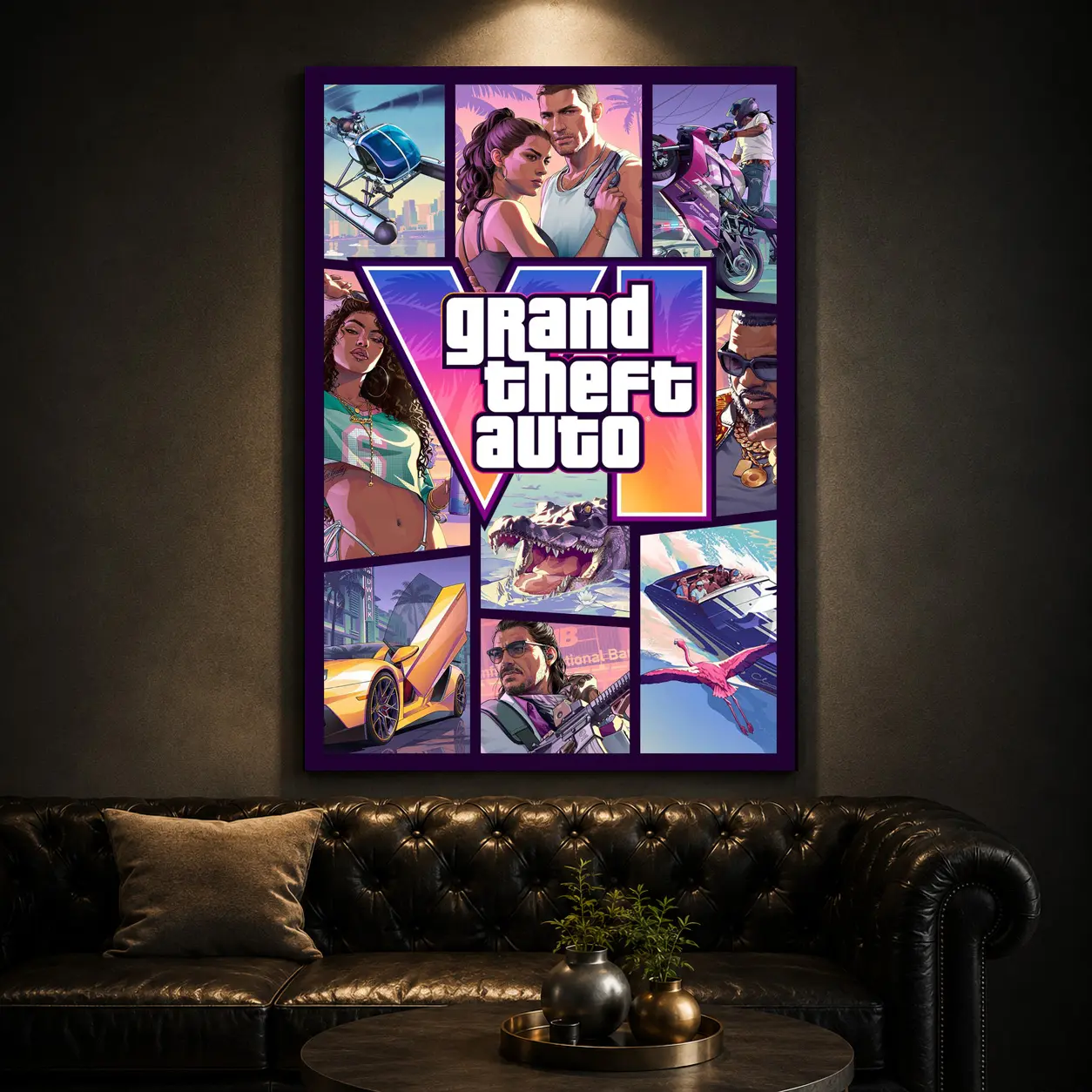 GTA 6 Poster, Grand Theft Auto VI Release Date Poster Wall Art Aesthetic Poster Quirky Animal Oil Painting Style Fun Picture Canvas for Teen Room Bedroom Studio Unique Wall Decor Home Decor Picture with Wooden Frame