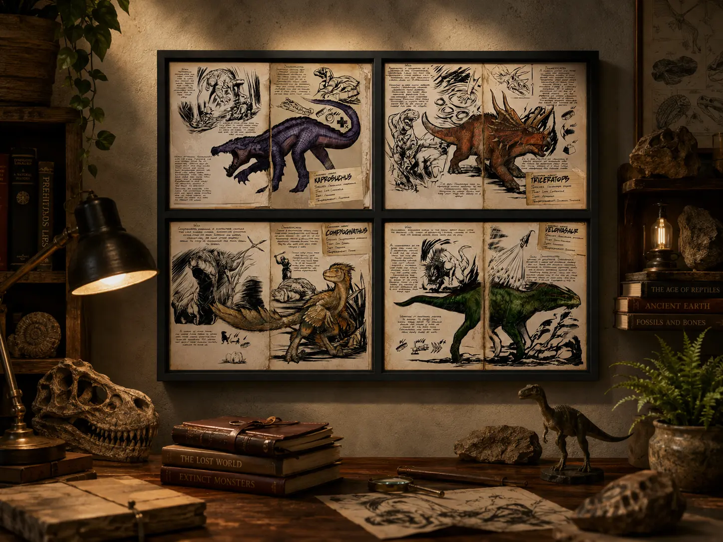 Vintage Dinosaur & Myth Creature Sketch Wall Art, Retro Natural History Journal Canvas Print for Study Man Cave Decor