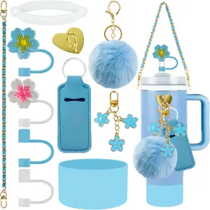 11 count Accessories for  Cup, Water Bottle Handle Strap for  30/40 oz tumbler with handle, including Straw Toppers,  Cup Boot,  Charms - Blue