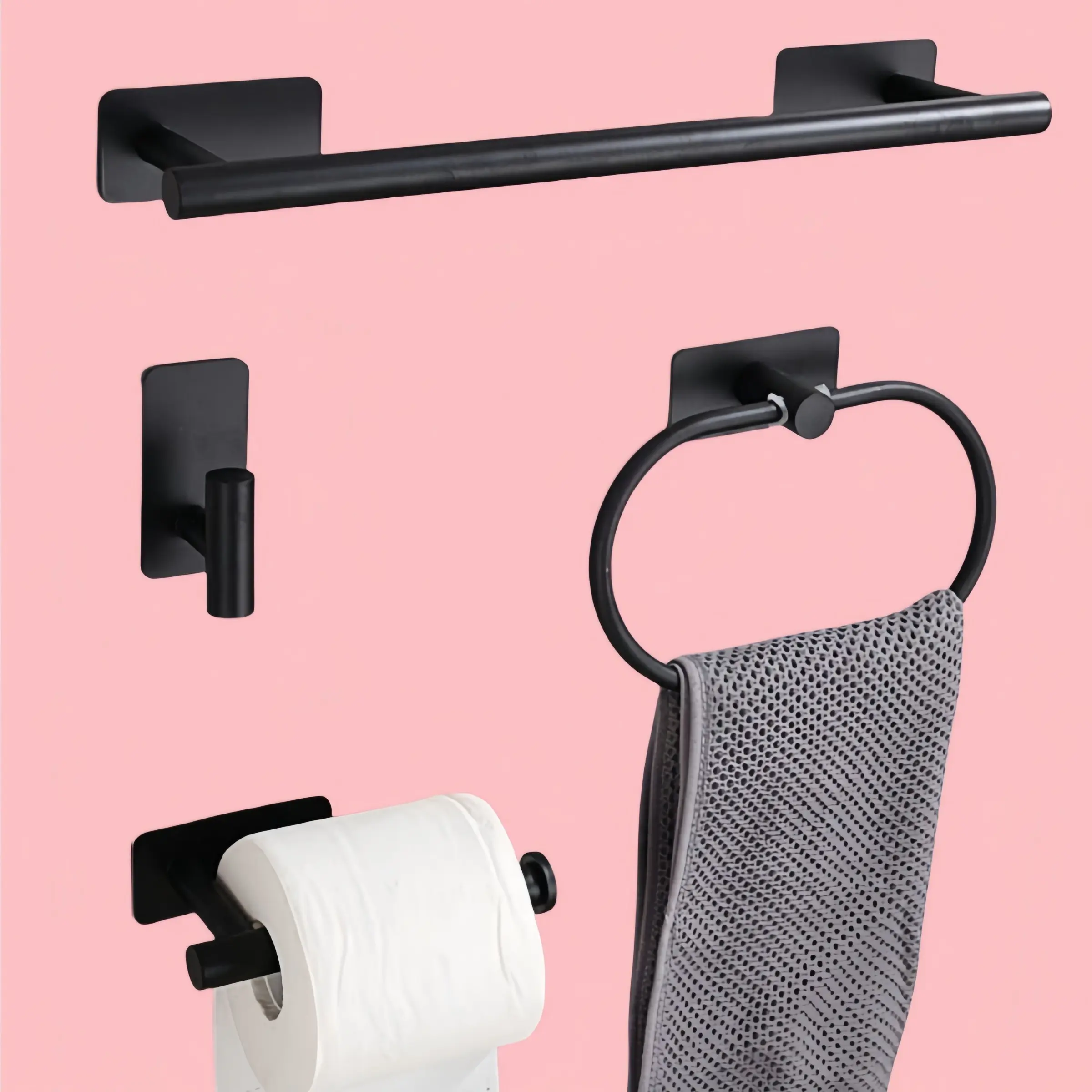 Bathroom Accessory Storage Set, 4-Piece Perforation-Free Towel Ring, Stainless Steel Towel Bar, Toilet Roll Holder, Coat and Hat Hook, Bathroom Organizing Accessories, Bathroom Organizer, Bathroom Essentials Accessories