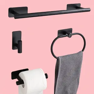 Bathroom Accessory Storage Set, 4-Piece Perforation-Free Towel Ring, Stainless Steel Towel Bar, Toilet Roll Holder, Coat and Hat Hook, Bathroom Organizing Accessories